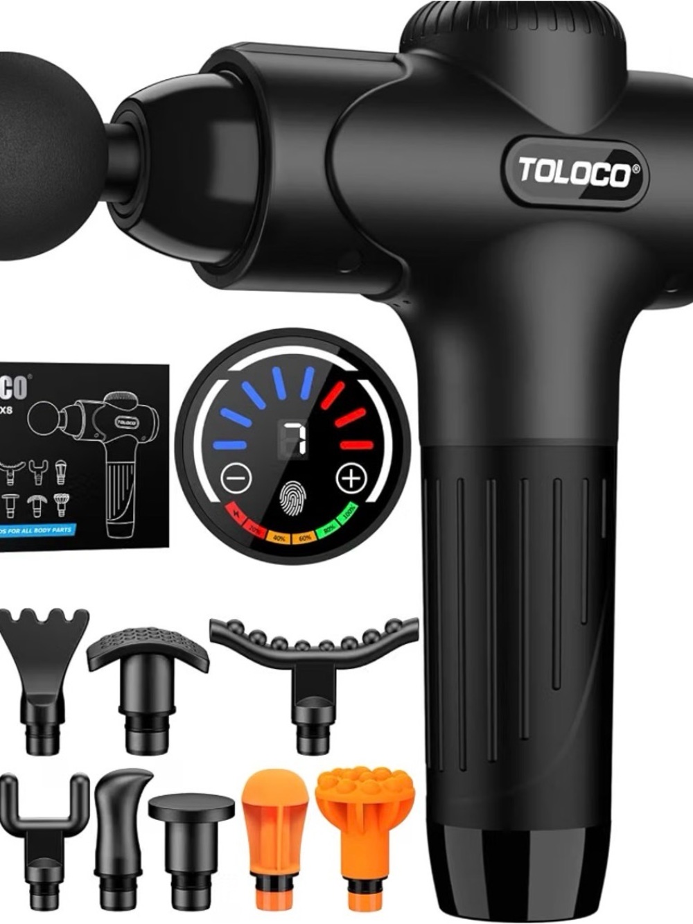 TOLOCO X8 Percussion Handheld Massage Gun, Black, 10 Heads, Battery, 6H